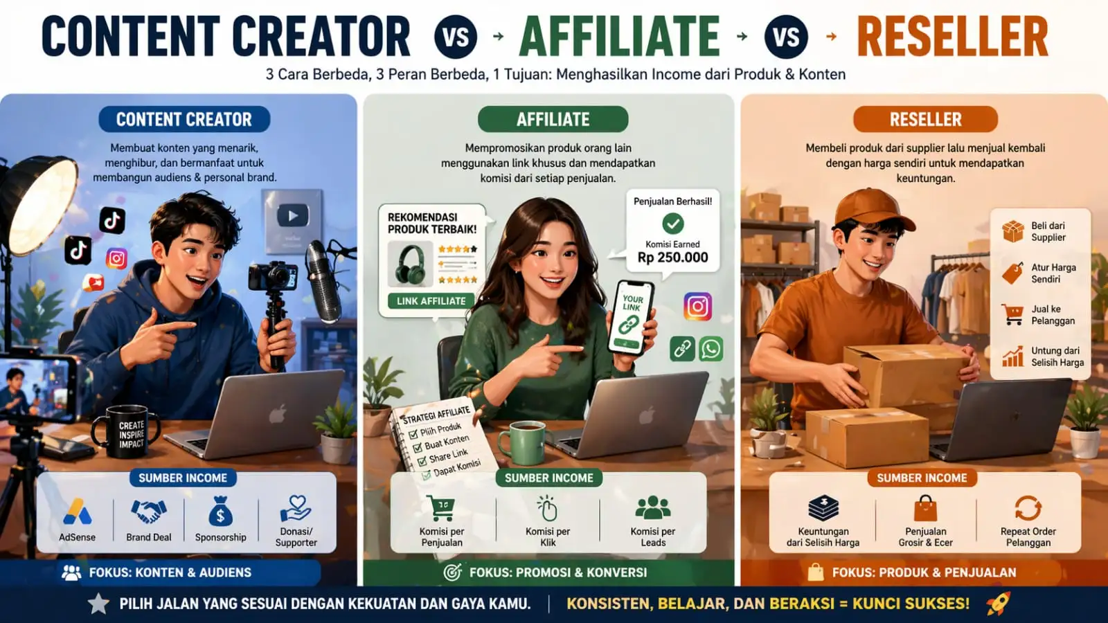 Affiliate vs Content Creator vs Reseller: Mana Paling Cuan di 2026?